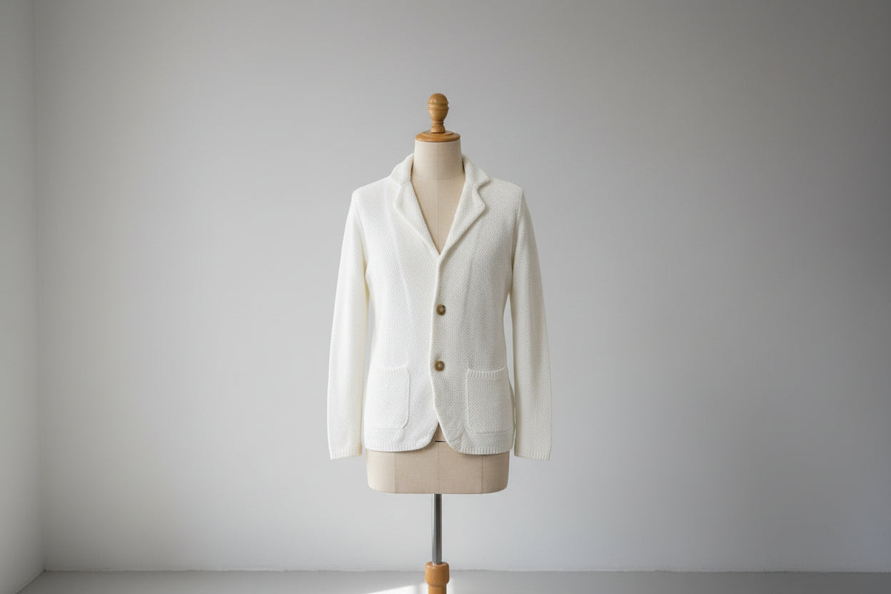 Cardigan uomo cotone bianco maniche lunghe Made in Italy - dettaglio busto sartoriale
