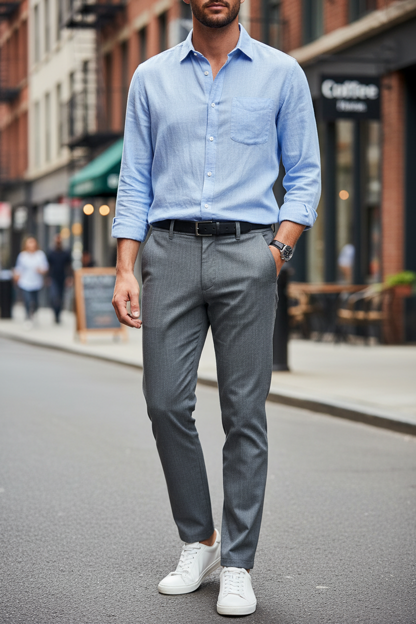 Pantalone Uomo Grigio Elegante Bottone Decentrato Gamba Dritta