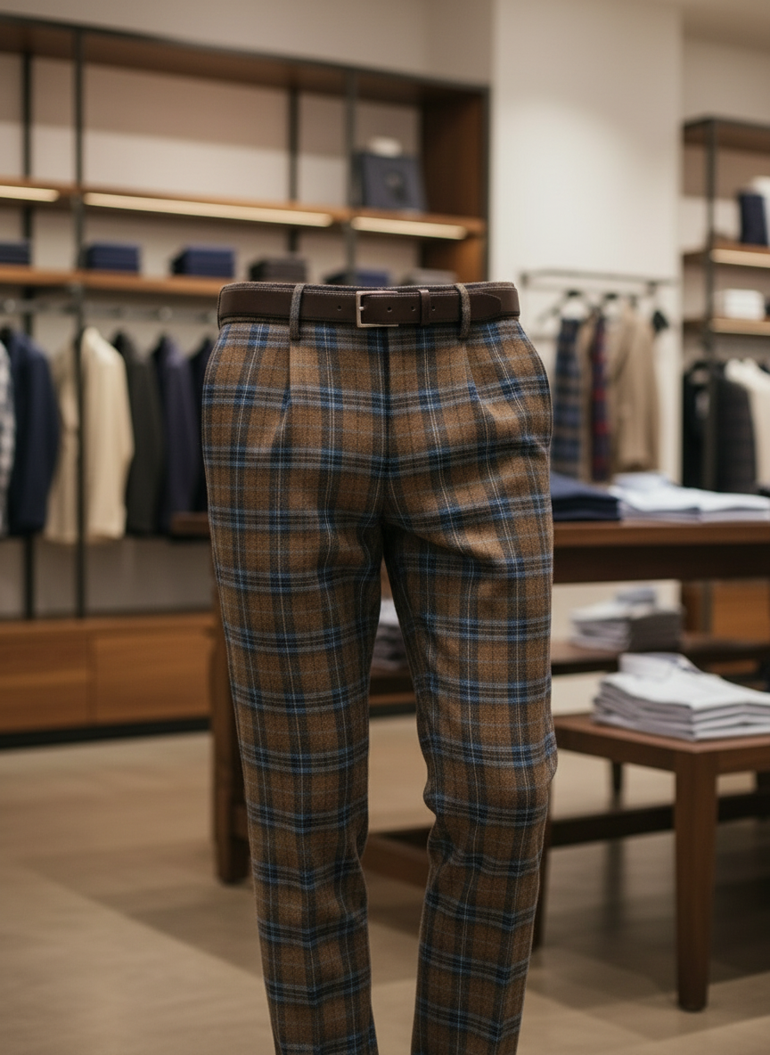 Pantalone invernale uomo marrone a quadri blu - vista laterale