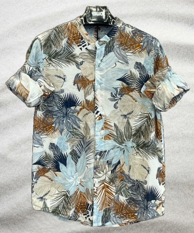 Camicia Made in Italy a fantasia con colletto coreano