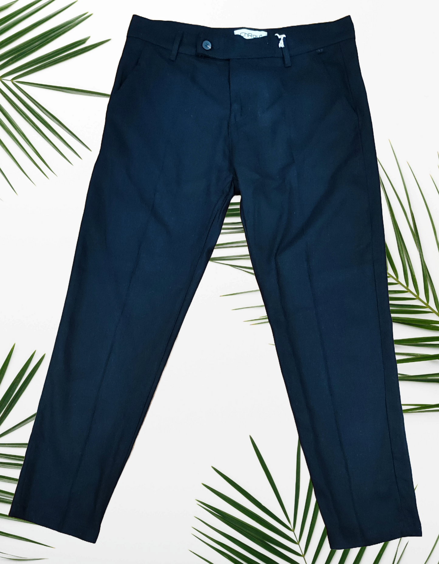 Pantaloni Uomo eleganti in lino e viscosa con bottone decentrato - Beige, Marrone scuro, Marroncino, Nero, Blu, Bianco, Rosso Bruciato
