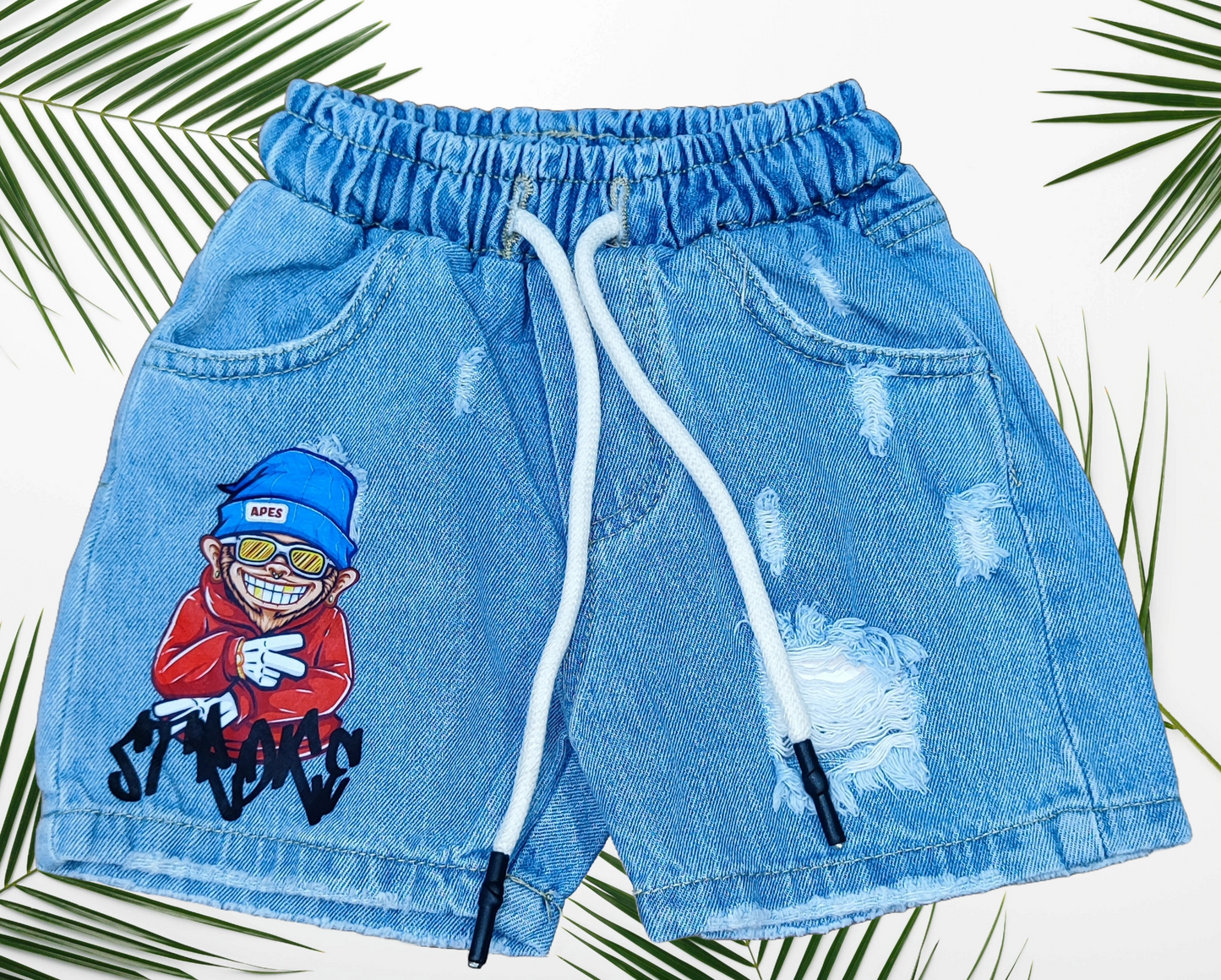 Pantaloncino Jeans Bambino con Stampa "Apes" - Disponibili nelle taglie da 12 mesi a 36 mesi - Made in Italy