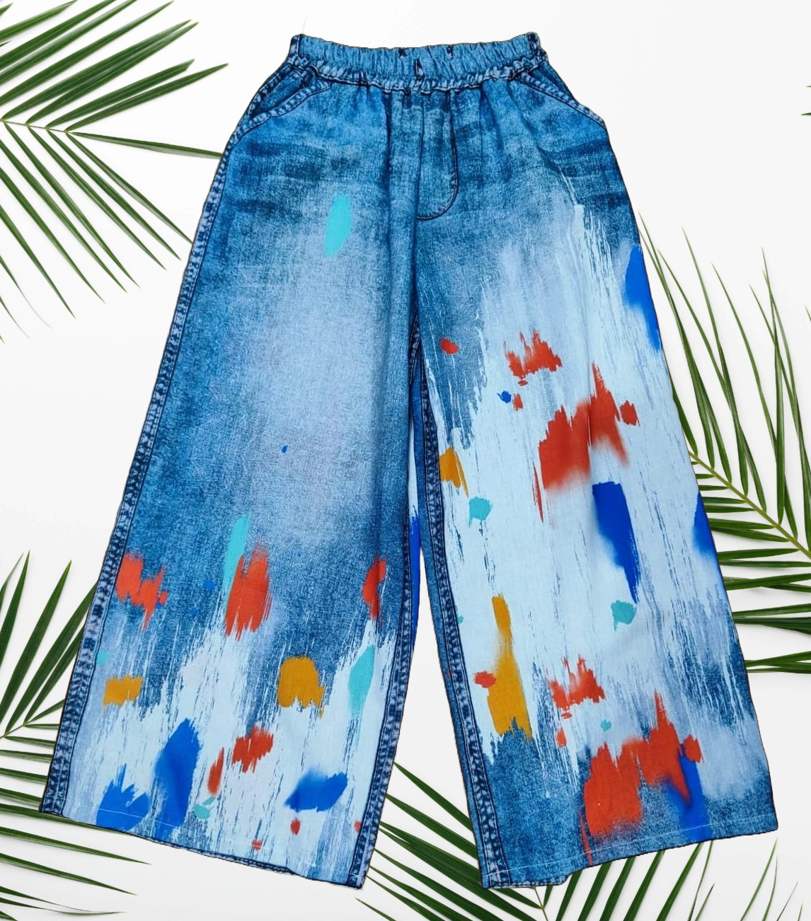 Pantaloni misto lino con stampa Jeans - Tanti soggetti, taglia unica, vestibilità morbida e leggera