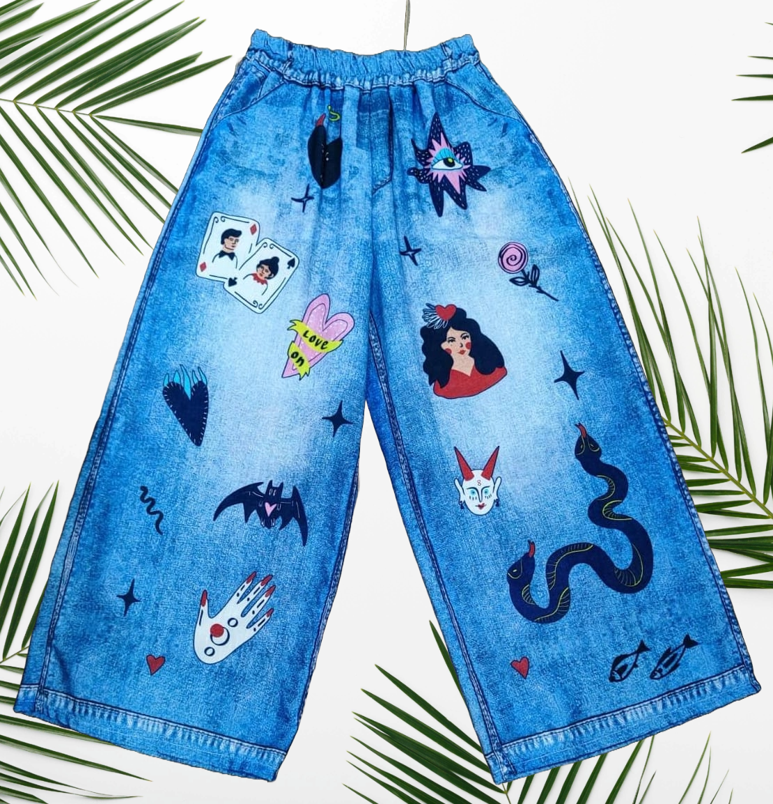 Pantaloni misto lino con stampa Jeans - Tanti soggetti, taglia unica, vestibilità morbida e leggera