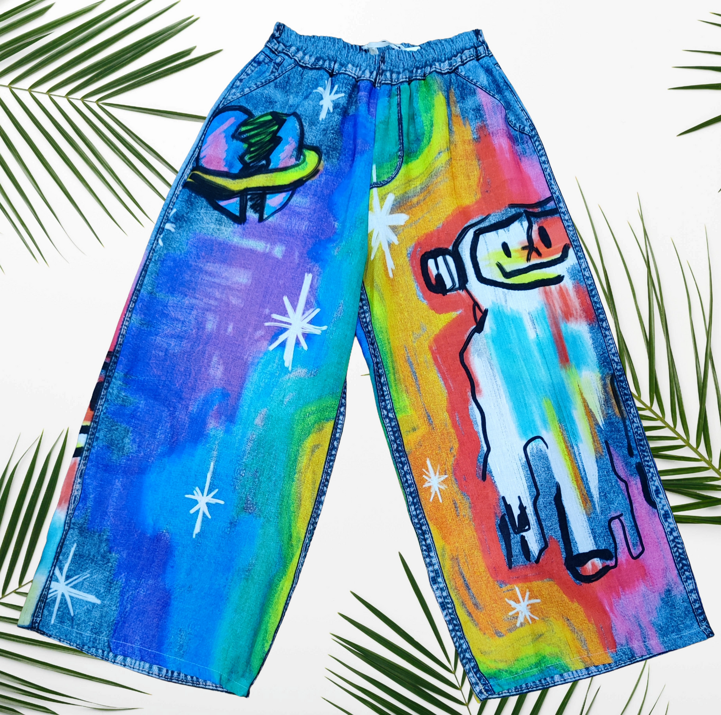Pantaloni misto lino con stampa Jeans - Tanti soggetti, taglia unica, vestibilità morbida e leggera