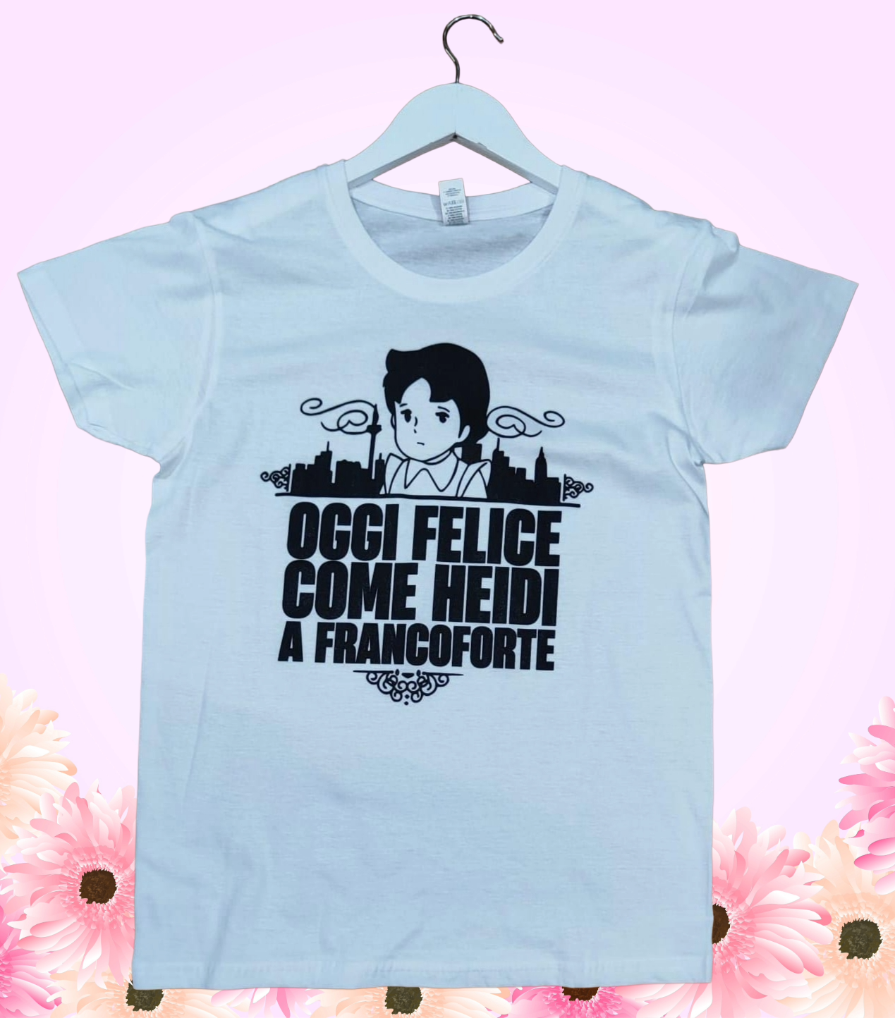 Maglia Donna Bianca Heidi – T-shirt Grafica “Oggi felice come Heidi a Francoforte” | Outfit Casual Streetwear