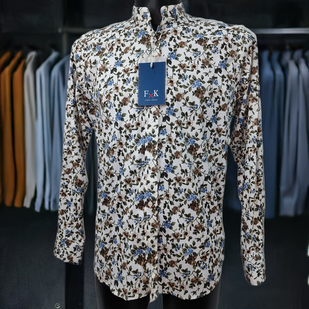 Camicia Uomo Collo Coreano Bianca – Fantasia Floreale Elegante