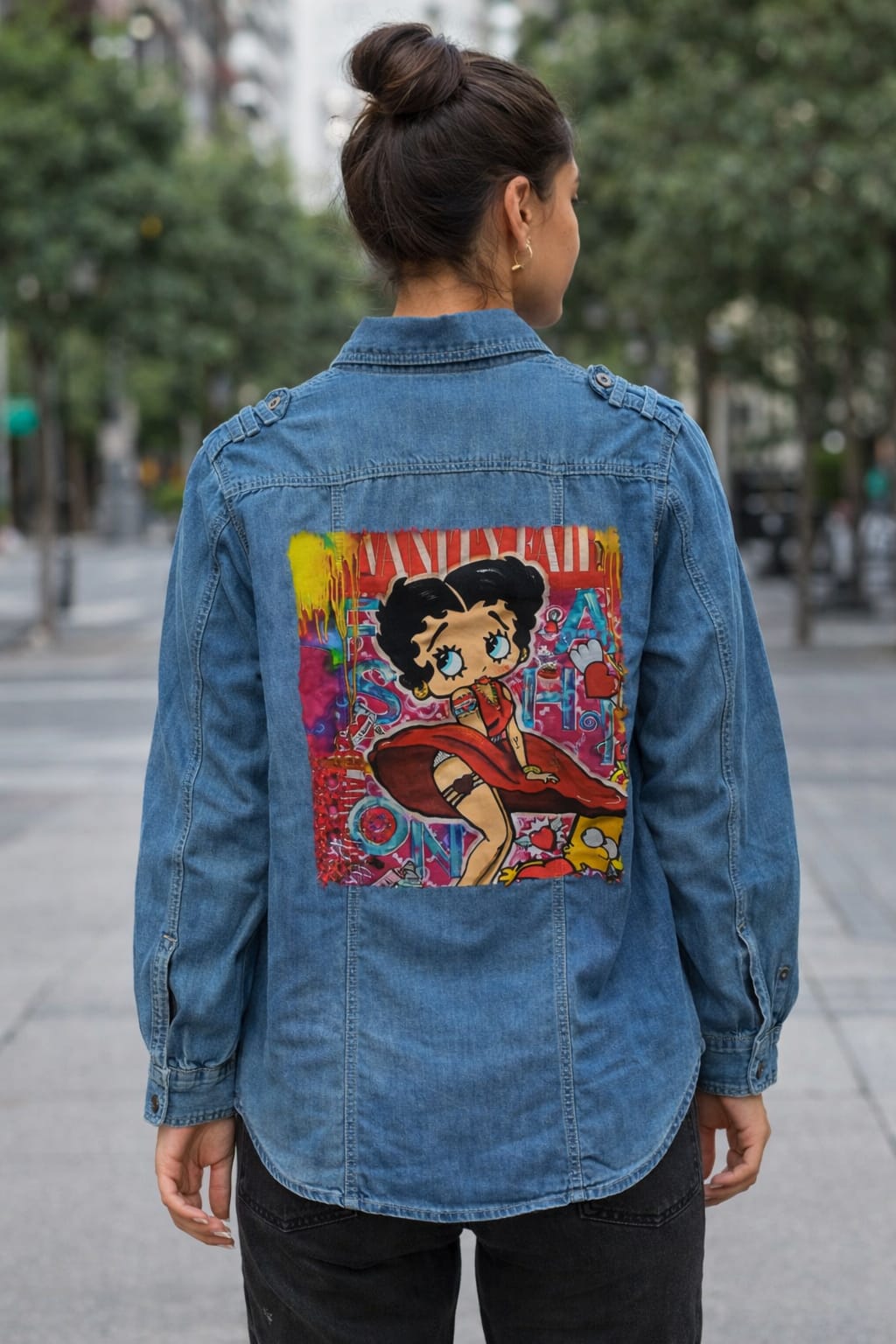 Camicia Jeans Donna Stampa Betty Boop Maniche Lunghe