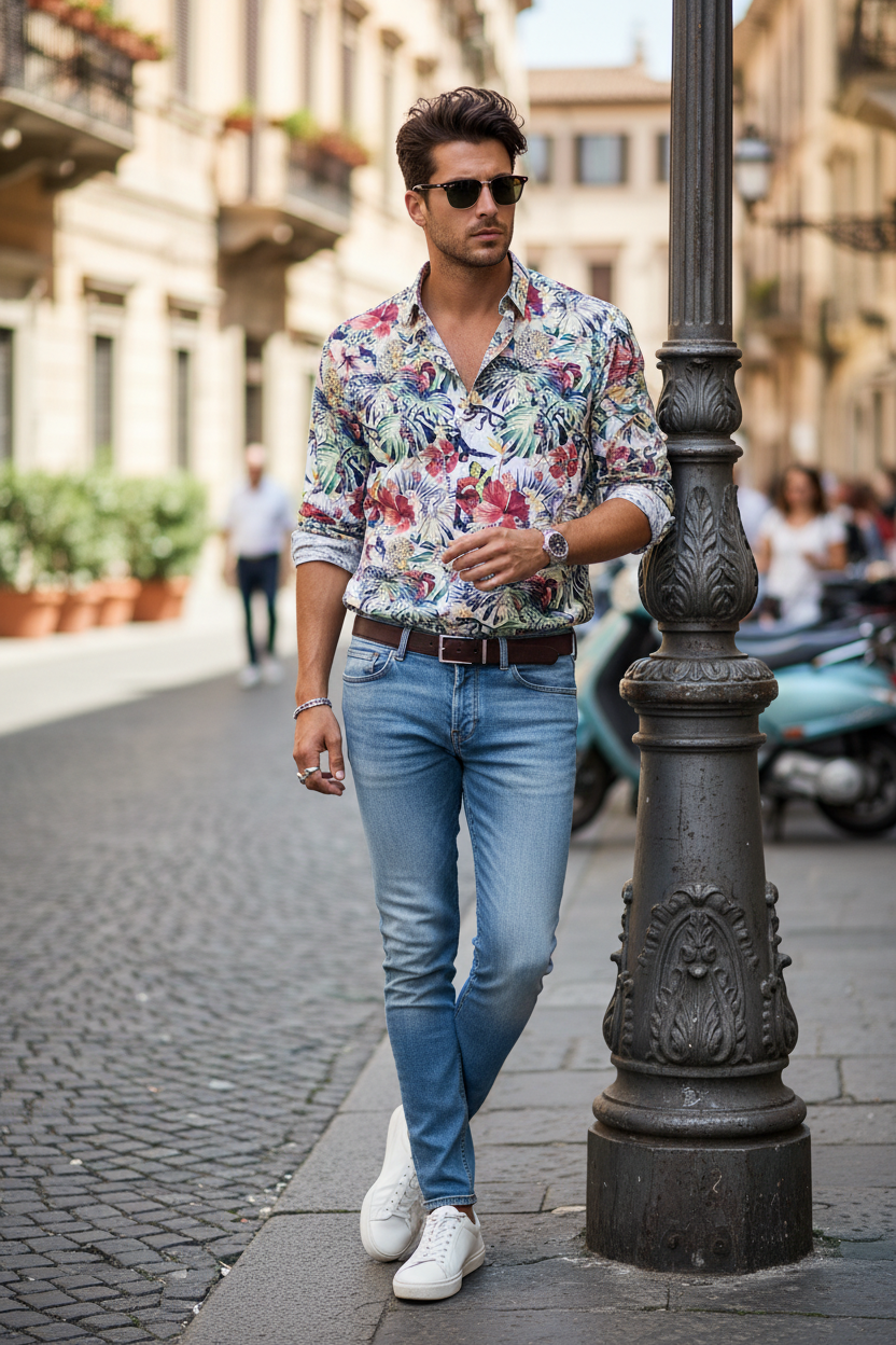 Camicia Uomo Collo Coreano – Viscosa Fondo Bianco Stampa Tropicale Made in Italy