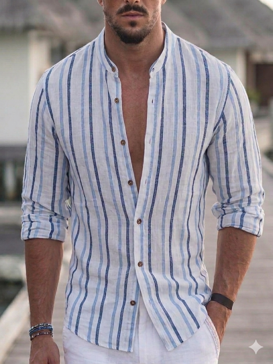 Camicia in Lino Uomo a Righe Bianco Blu Navy – Colletto Coreano, Manica Lunga | I Narcisi