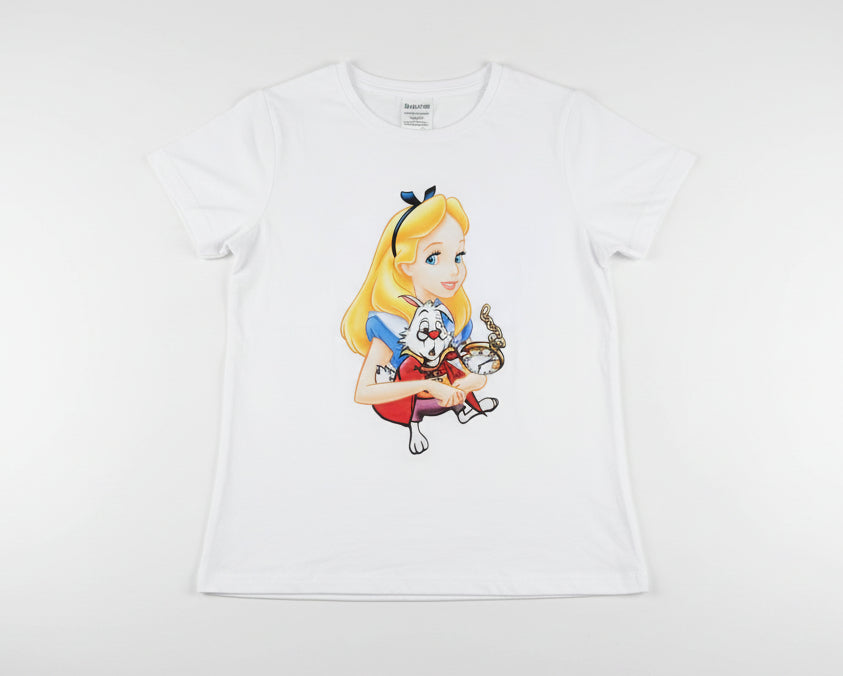 T-shirt Slim-fit Donna con Stampa Fantasy "Alice e Coniglio"
