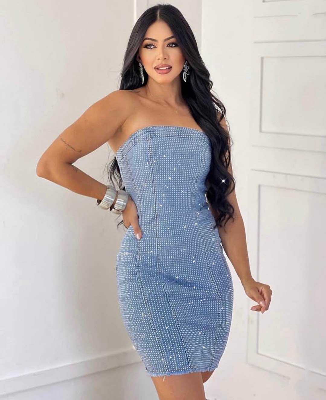 Vestito jeans corto donna con strass sul davanti Made in Italy – I Narcisi