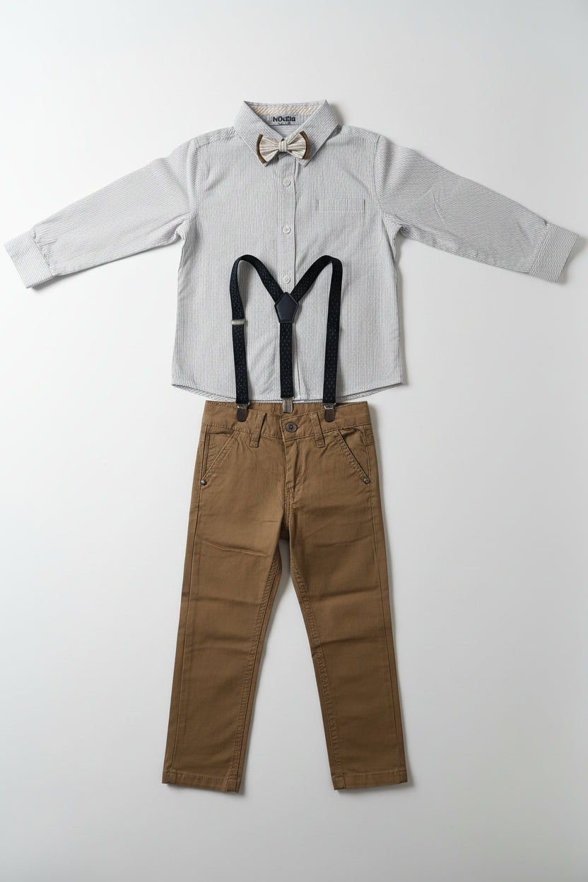Completo Bambino Camicia Pantalone Bretelle Blu Marrone 4-14 Anni Cerimonie