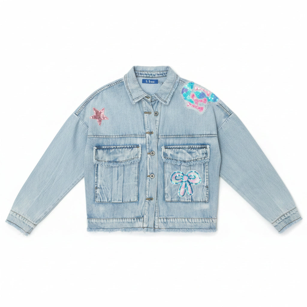 Giacca Jeans Donna con Patch e Paillettes