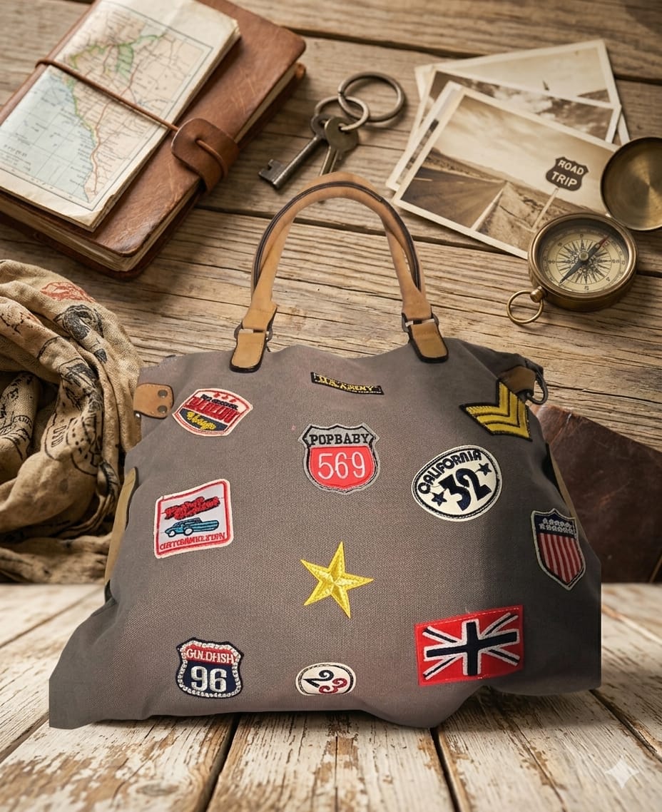 Borsa in Tessuto con Patch – Blu e Grigio