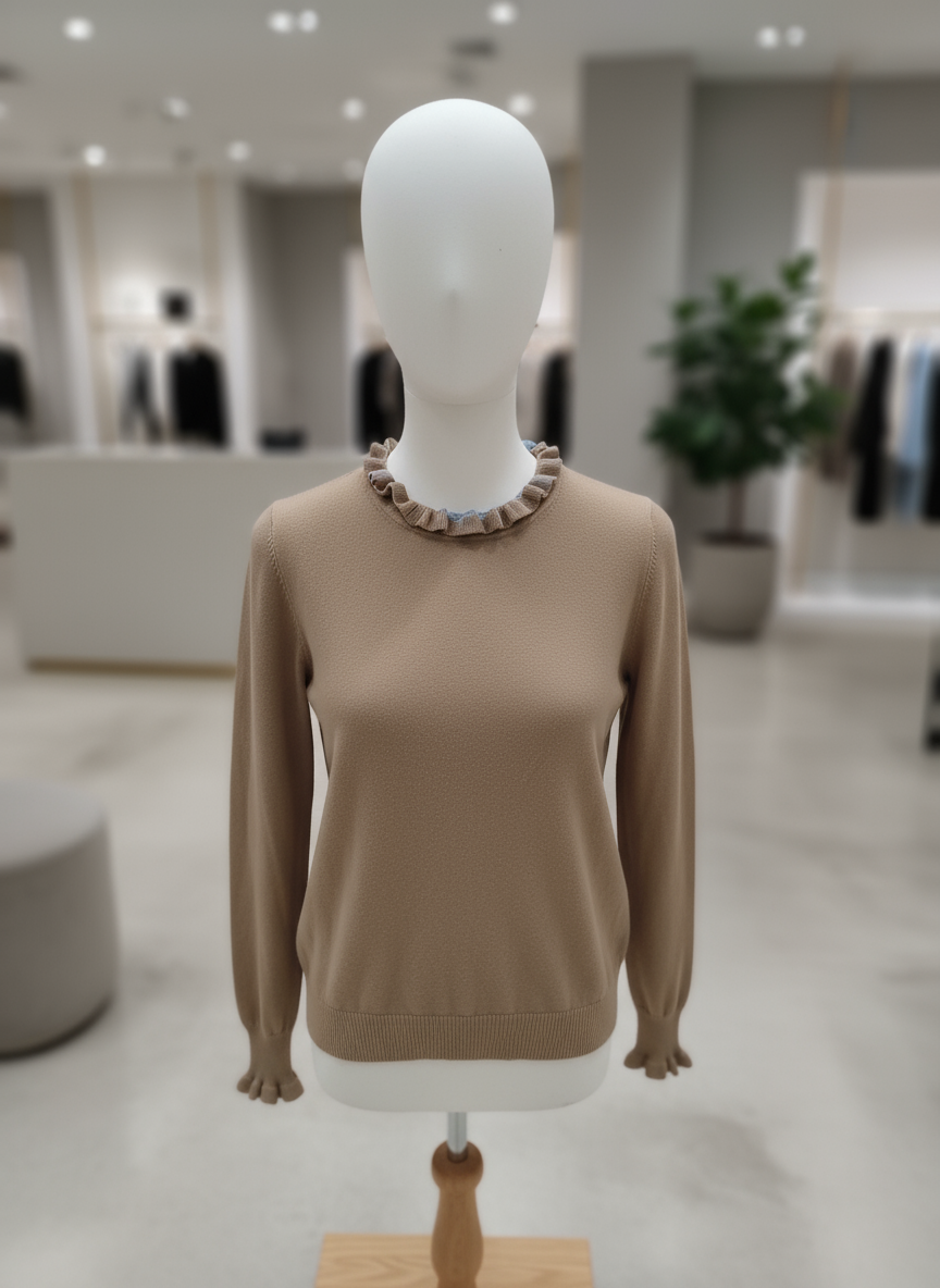Maglia Donna Beige Manica Lunga con Collo Arricciato – Made in Italy Elegante e Morbida