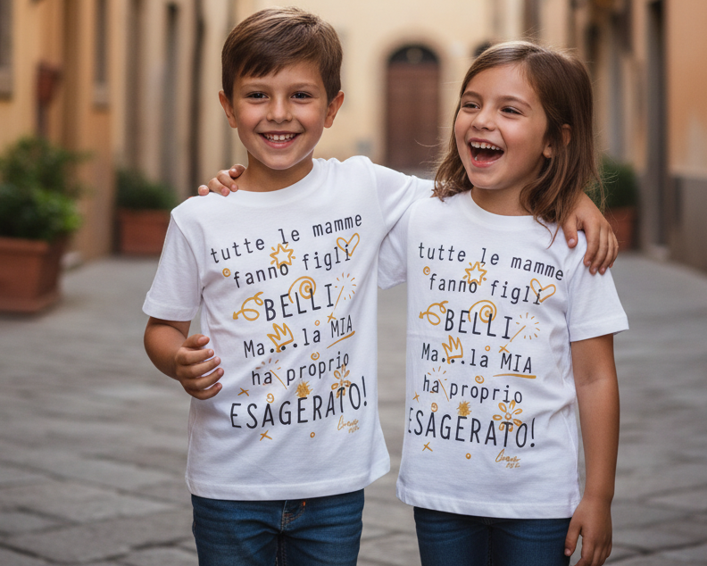 T-shirt Bambini "Tutte le Mamme Fanno i Figli Belli, la Mia ha Esagerato" – Made in Italy