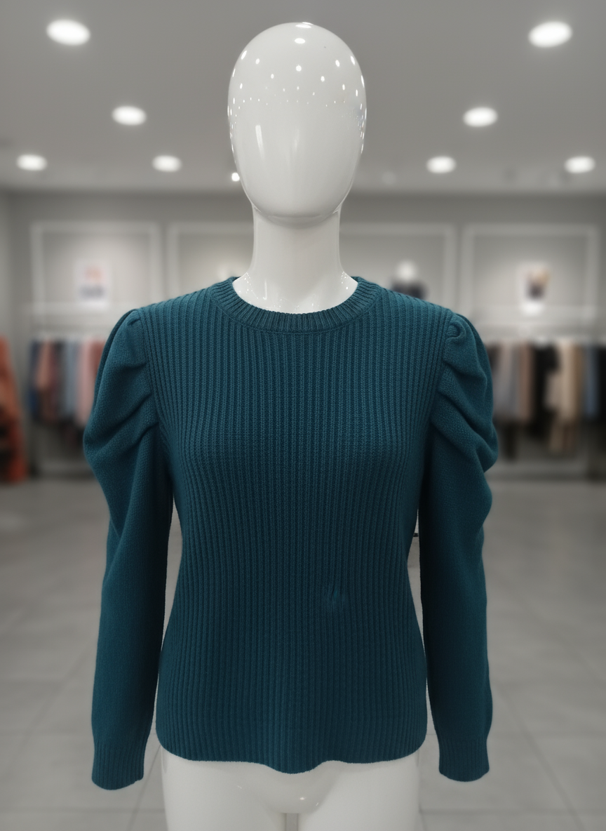 Maglia Donna Blu Petrolio a Coste con Maniche a Sbuffo – Stile Elegante e Femminile Made in Italy