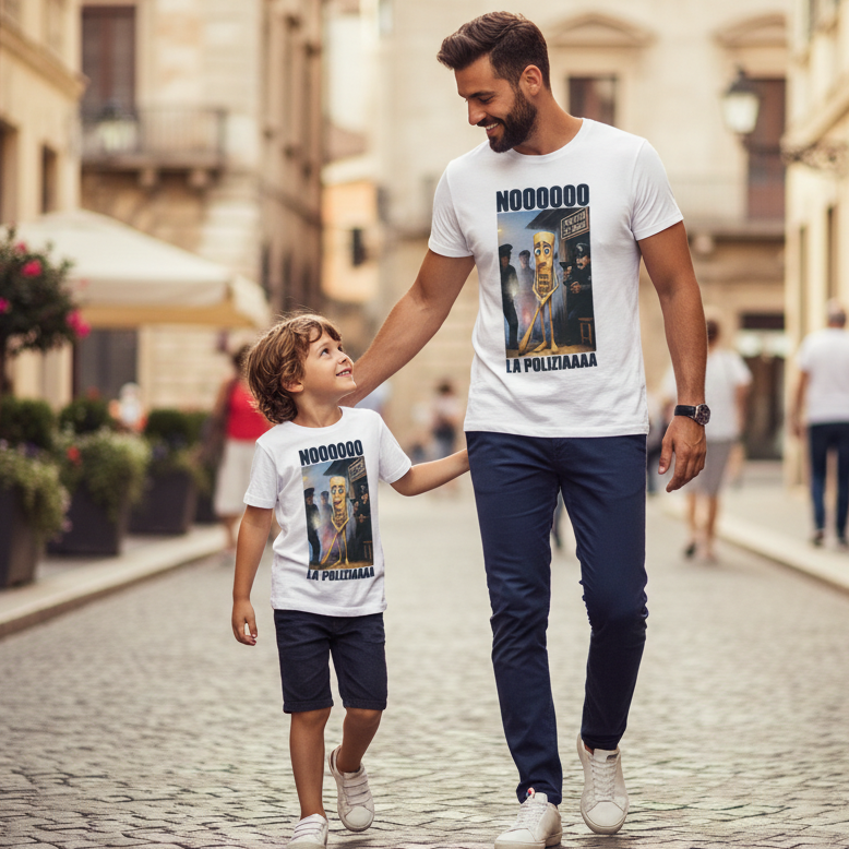 T-shirt Mini Me "Noooooo la Poliziaaaa" – Bambino e Adulto, Cotone 100% Made in Italy