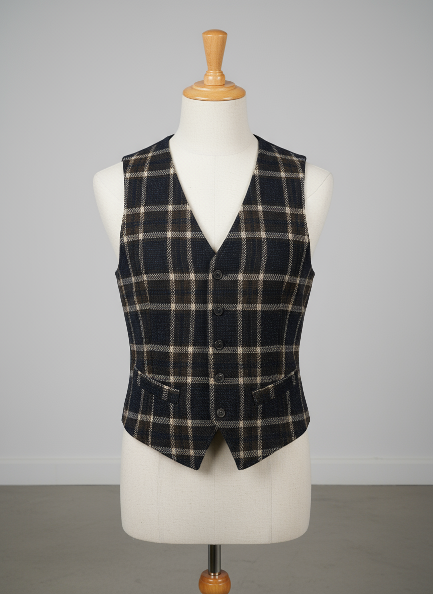 Gilet Uomo Tartan Blu Scuro Beige Elegante Made in Italy