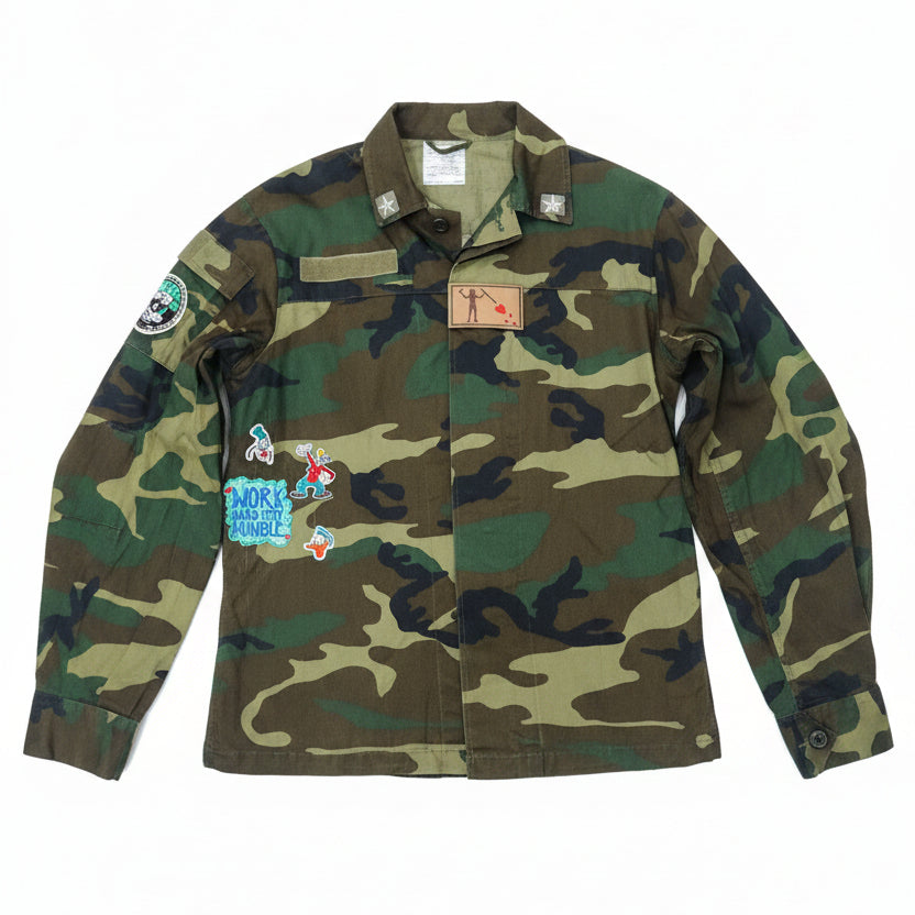 `Giacca militare mimetica Paperino Pop Art vista frontale – Pezzo unico – I Narcisi