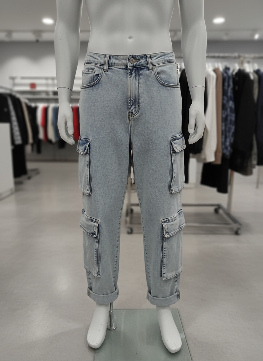 Jeans Cargo Uomo Lungo Denim Tasche Laterali Made in Italy