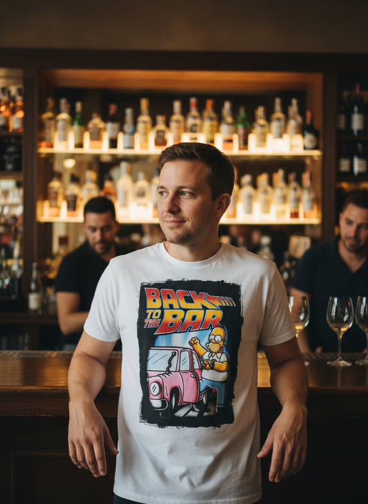 T-Shirt Made in Italy con Stampa Simpson BACK TO THE BAR – Cotone Cult Donna Uomo
