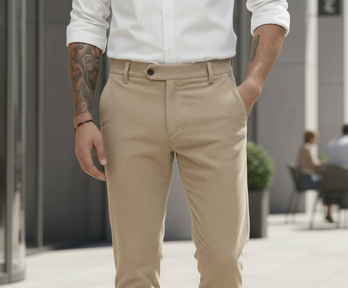 Pantalone da Uomo in Velluto a Costine Sottili e Bottone Decentrato - Colore Beige e Nero