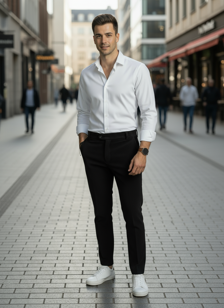 Pantalone da Uomo in Velluto a Costine Sottili e Bottone Decentrato - Colore Beige e Nero