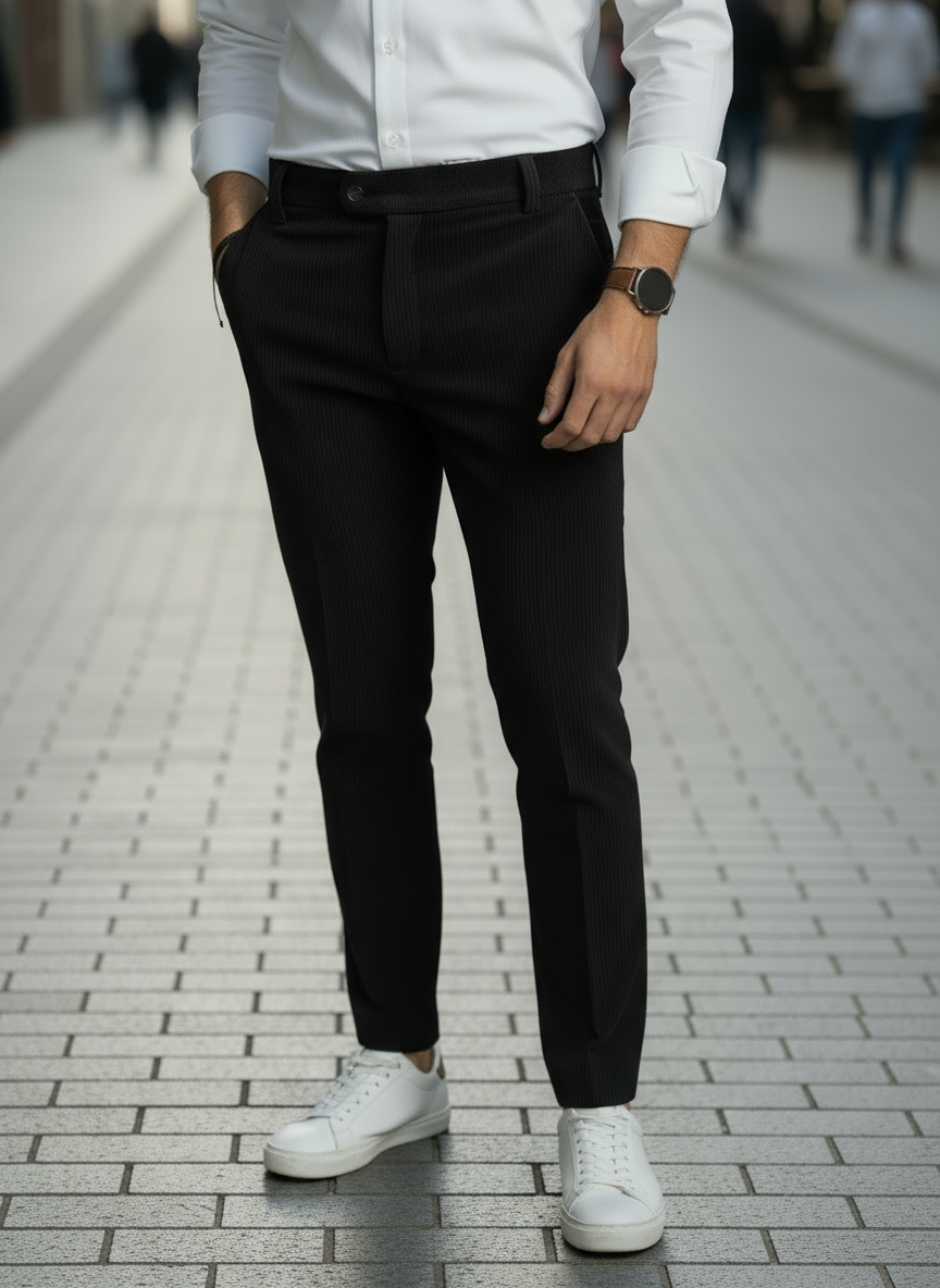 Pantalone da Uomo in Velluto a Costine Sottili e Bottone Decentrato - Colore Beige e Nero