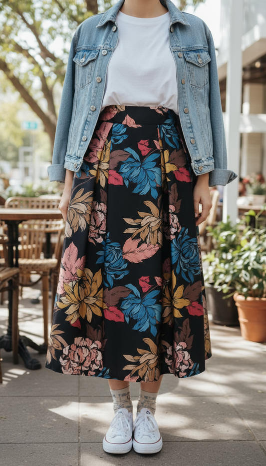 Gonna Invernale Made in Italy Nera con Stampa Floreale Multicolore