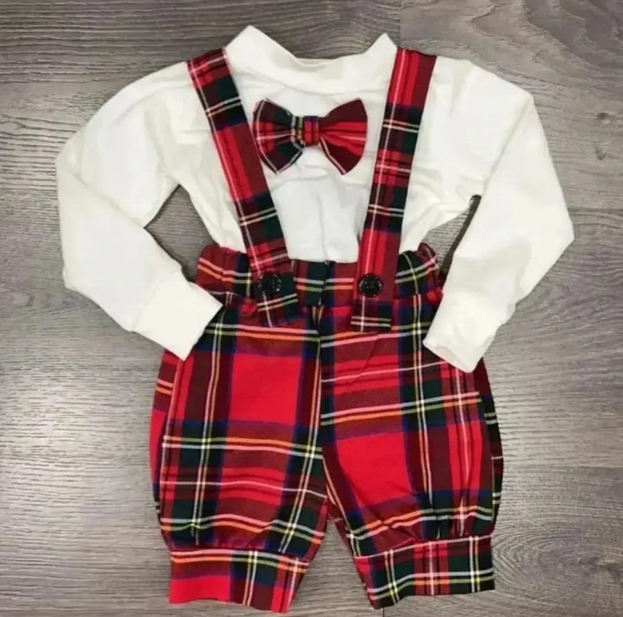Completino da Bambino Made in Italy in tartan rosso con Bretelle e Papillon da 6 a 36 mesi