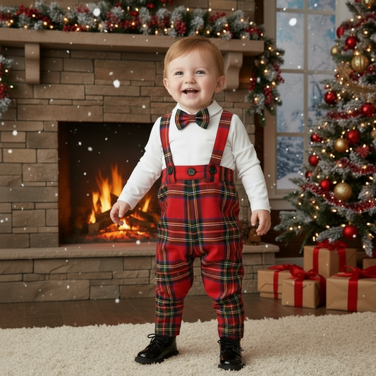 Completino da Bambino Made in Italy in tartan rosso con Bretelle e Papillon da 6 a 36 mesi