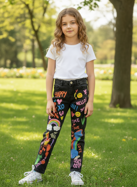 Jeans Bambina con Stampe e Strass Made in Italy – Nero e Chiaro