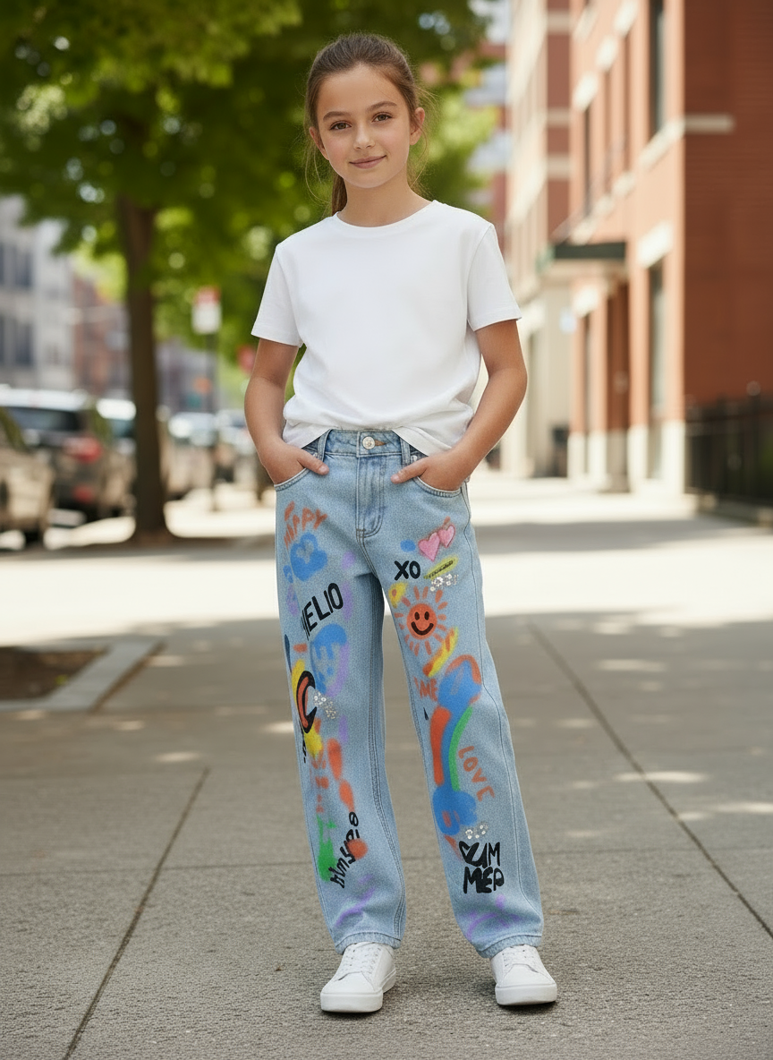 Jeans Bambina con Stampe e Strass Made in Italy – Nero e Chiaro