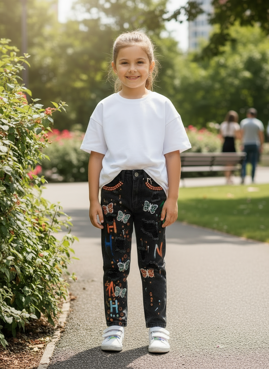 Jeans Bambina Neri con Patch e Strass Made in Italy – 4-14 Anni