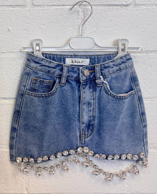 Gonna di Jeans made in Italy da Bambina decorata con pendenti luccicanti, perfetta per ogni occasione elegante.
