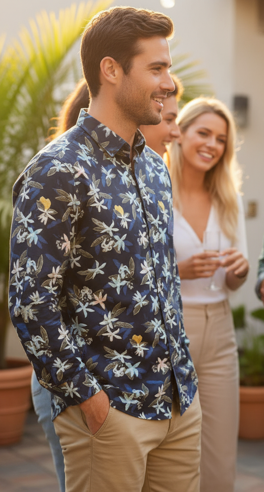 Camicia Uomo Blu Fantasia Microfloreale F.K. | Elegante Made in Italy