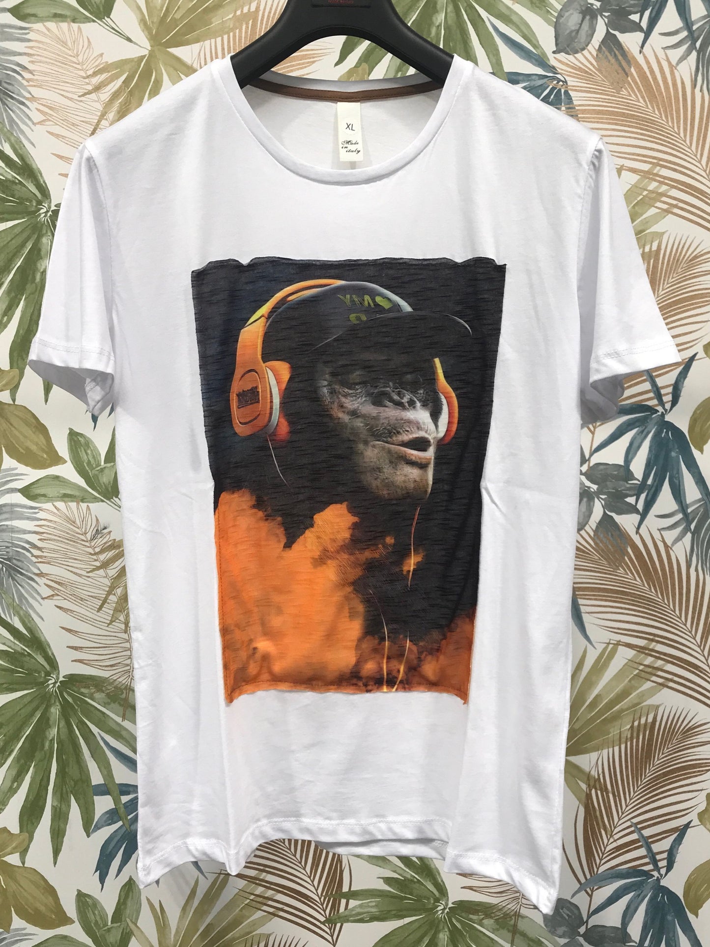 T-shirt Made in Italy con Patch stampa scimmia DJ