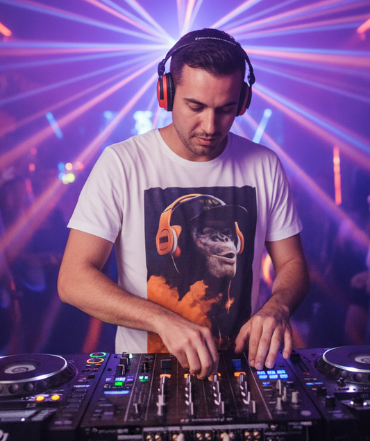 T-shirt Made in Italy con Patch stampa scimmia DJ