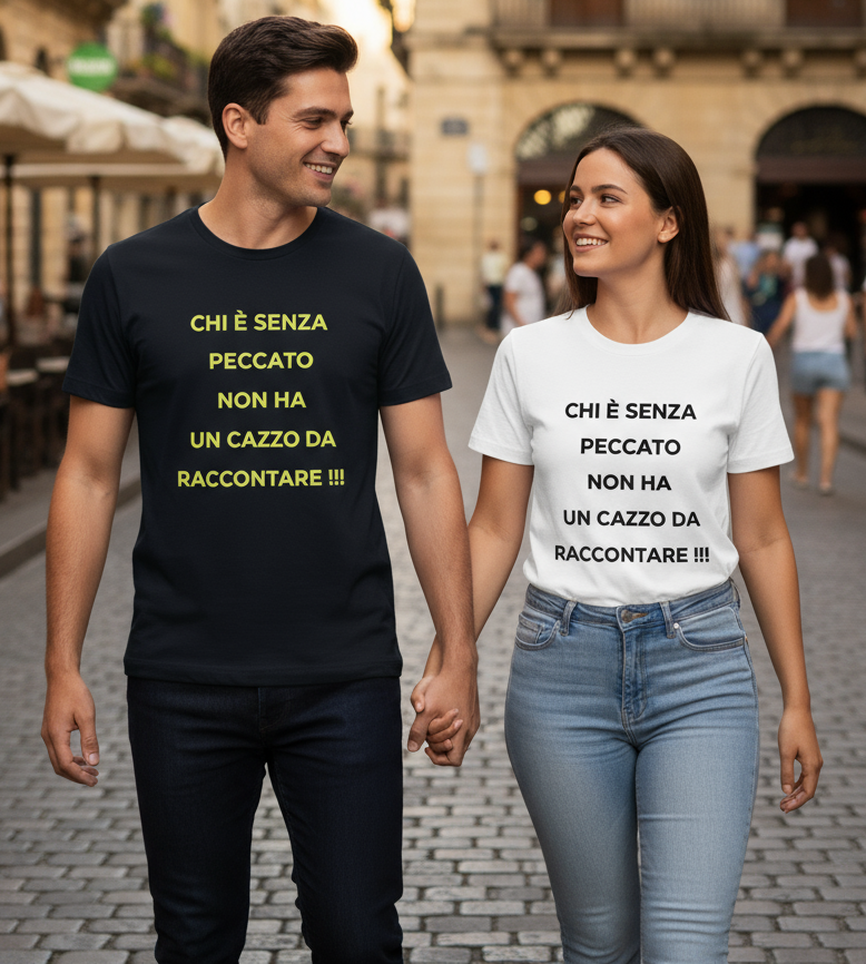 T-Shirt Made in Italy con Stampa Chi è Senza Peccato – Cotone Ironica Donna Uomo