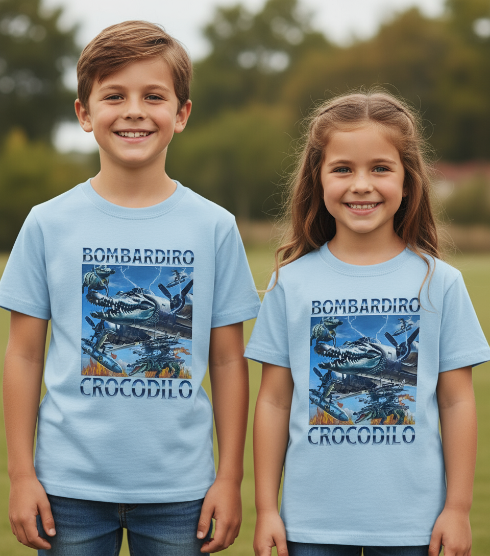 T-Shirt Bambini BrainRot Bombardiro Crocodilo – Meme Virale Made in Italy
