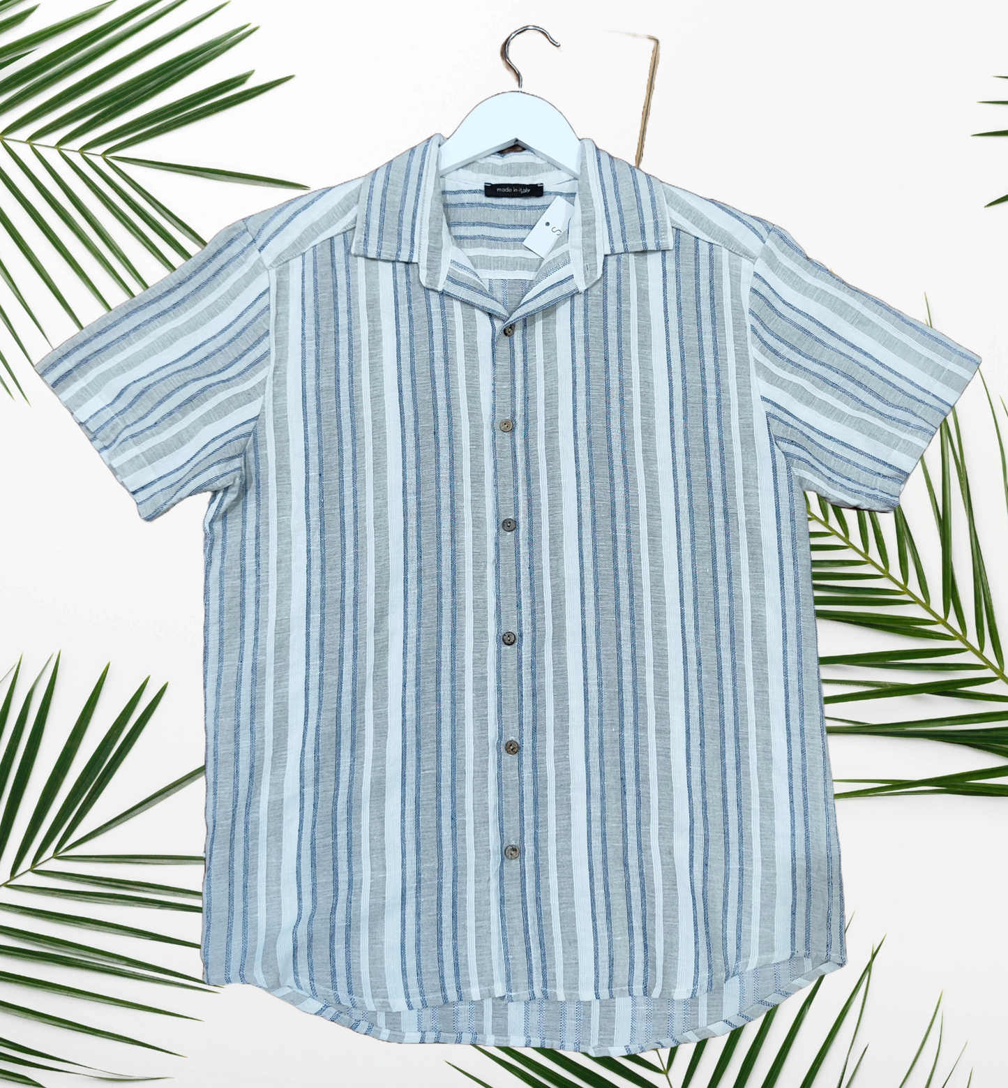 Camicia uomo in lino a righe verticali - Made in Italy, mezza manica, stile fresco ed elegante