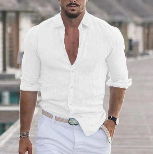 Camicia in Lino Bianca Made in Italy - con colletto classico e laccetto per manica