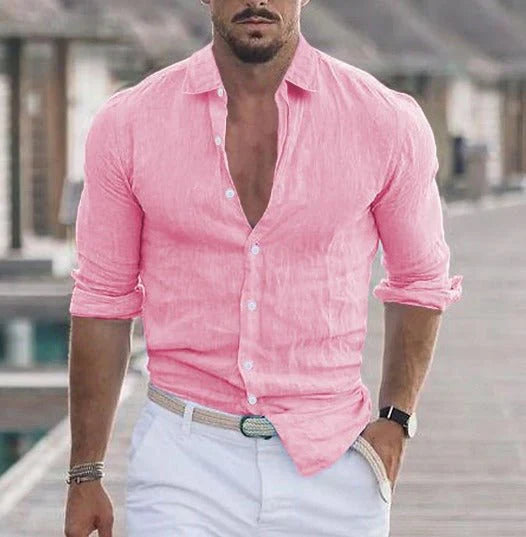 Camicia in Lino Rosa Made in Italy - con colletto classico e laccetto per manica