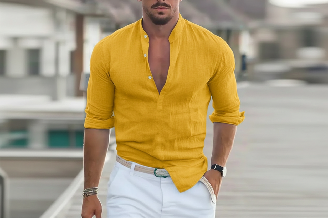 Camicia in lino uomo gialla colletto alla coreana – Made in Italy, laccetto per manica, stile estivo elegante
