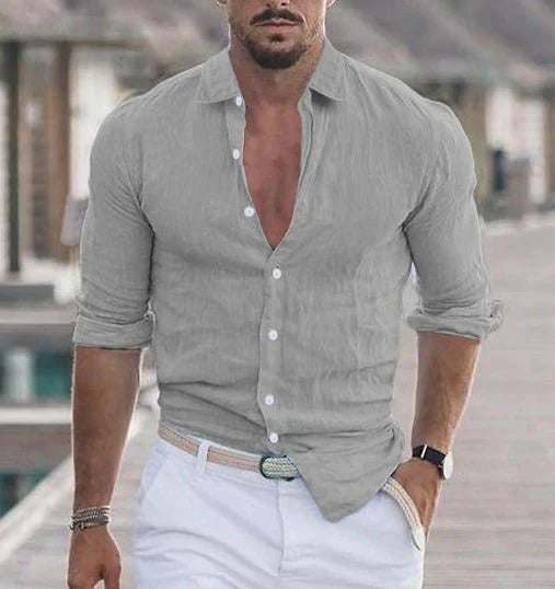 Camicia in Lino Verde Made in Italy - con colletto classico e laccetto per manica