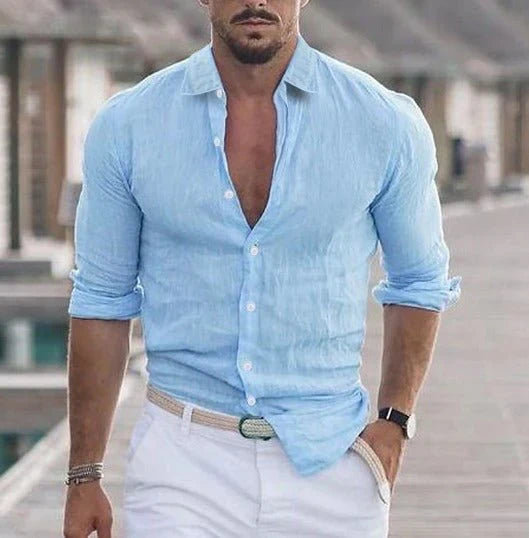 Camicia in Lino Celeste Made in Italy - con colletto classico e laccetto per manica