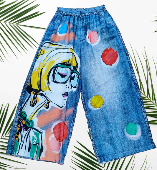 Pantaloni misto lino con stampa Jeans - Tanti soggetti, taglia unica, vestibilità morbida e leggera