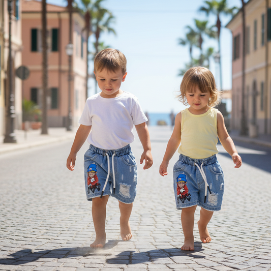Pantaloncino Jeans Bambino con Stampa "Apes" - Disponibili nelle taglie da 12 mesi a 36 mesi - Made in Italy